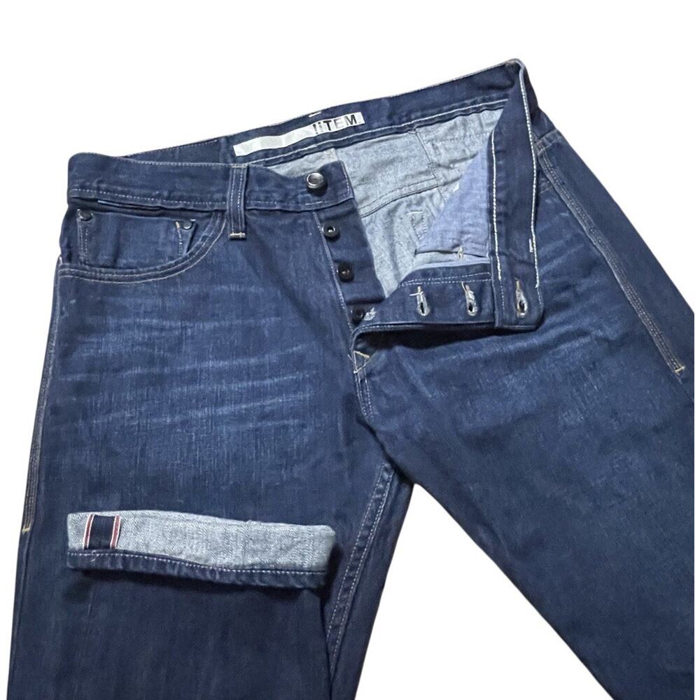 !Item Jeans Mens 34x33 Blue Mid Wash Selvedge Denim Button Fly Slim #302 USA